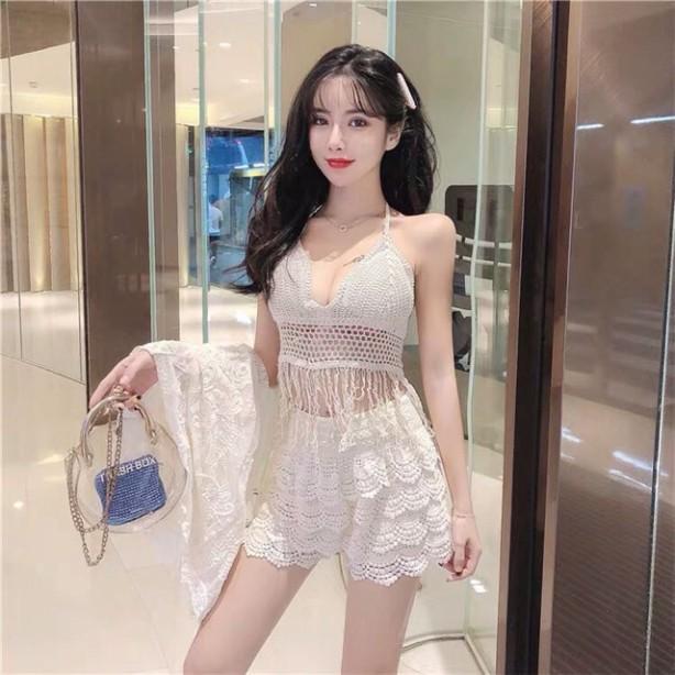 03-Set bikini ren 3 món đi biển - áo bra- quần sóc- áo choàng ( CÓ BÁN RỜI)