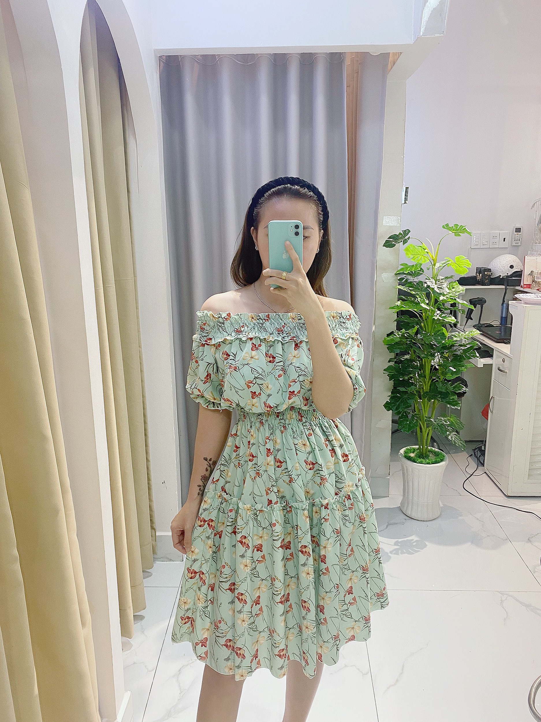 Váy nữ thời trang trễ vai tiểu thư, kiểu bẹt vai nhúng eo, chất bao mát không nhăn,V003