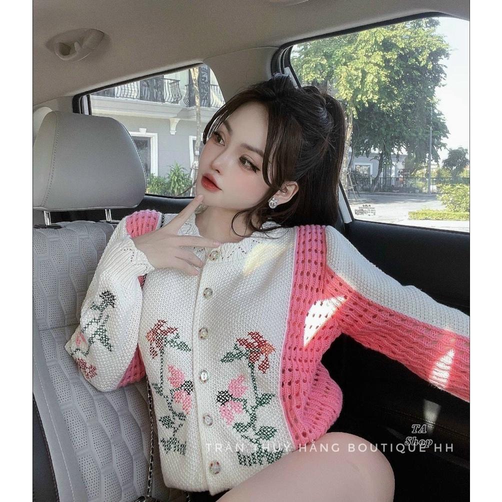 HÀNG QC_ ÁO KHOÁC LEN CADIGAN THÊU HOA TRẮNG HỒNG