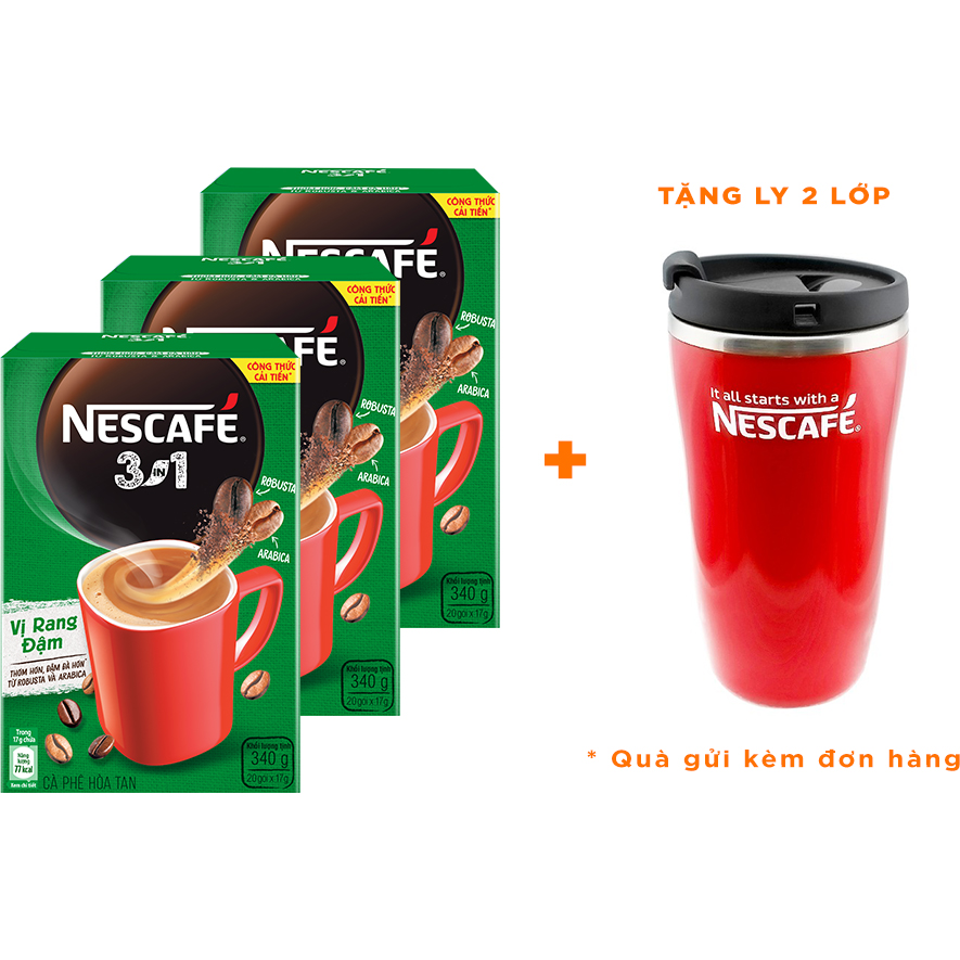 Combo 3 hộp cà phê hòa tan Nescafé 3in1 vị rang đậm - công thức cải tiến (Hộp 20 gói) - [Tặng 1 ly 2 lớp tiện lợi] Giao mẫu ngẫu nhiên