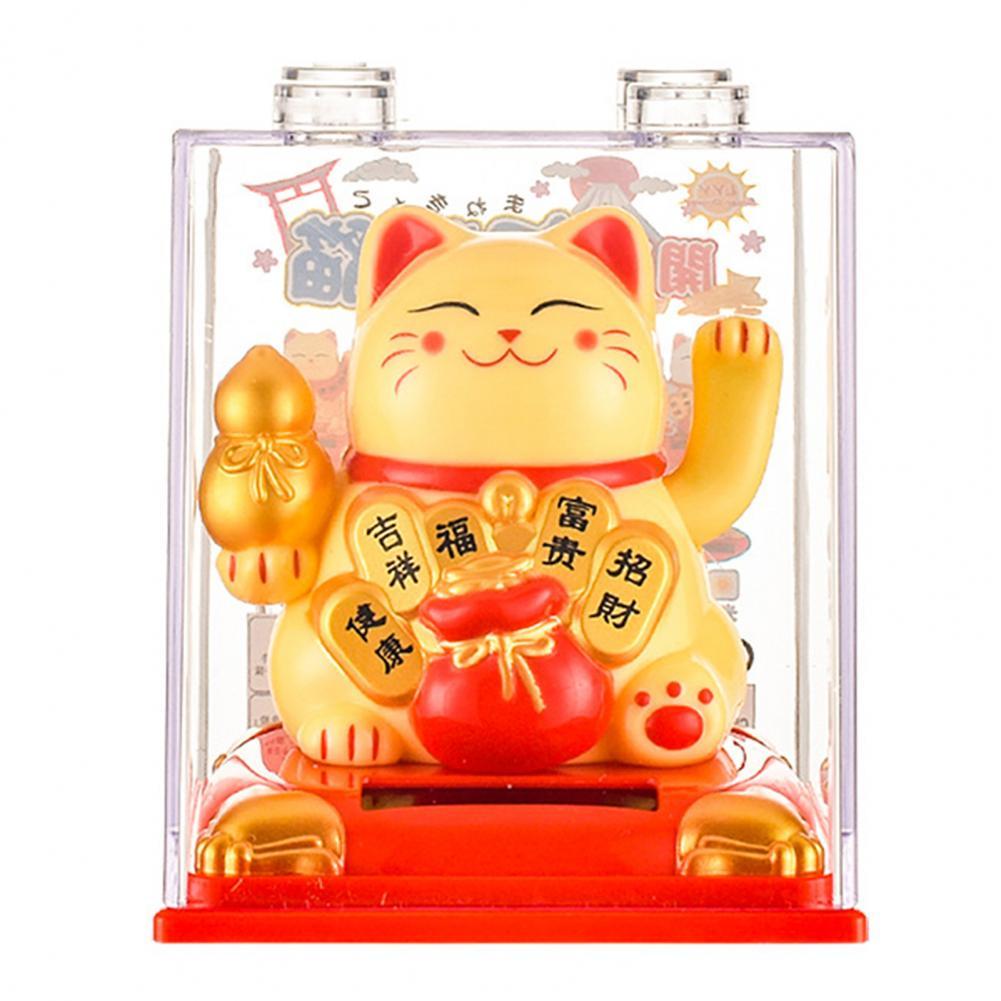 Mèo Thần Tài Ôm Hũ Vàng, Túi Vàng Vẫy Tay 10x8cm Dùng Pin Năng Lượng Mặt Trời