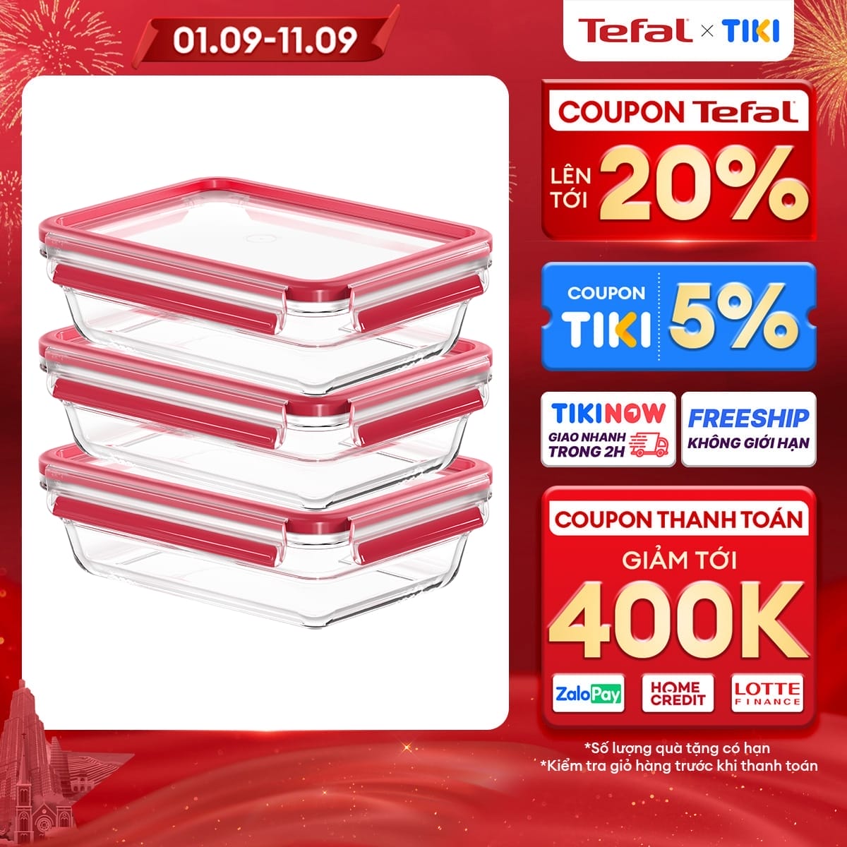 Bộ 3 hộp thủy tinh vuông Tefal Masterseal Glass 1,1L x 3 - đỏ