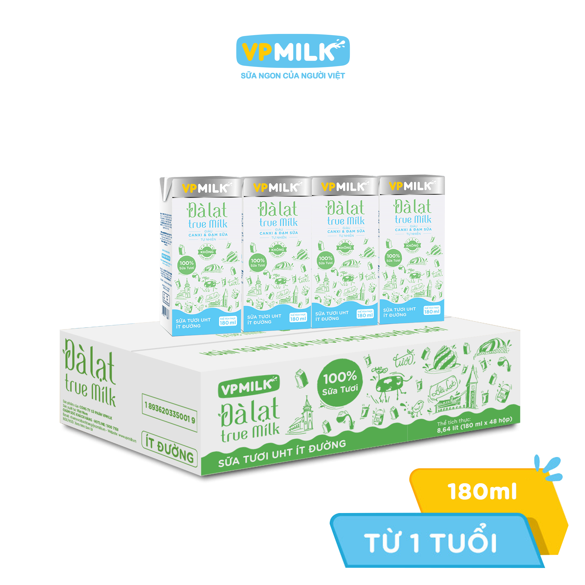 Sữa tươi UHT Đà Lạt True Milk VPMilk ÍT ĐƯỜNG thể tích 180ml (Thùng 48 hộp)