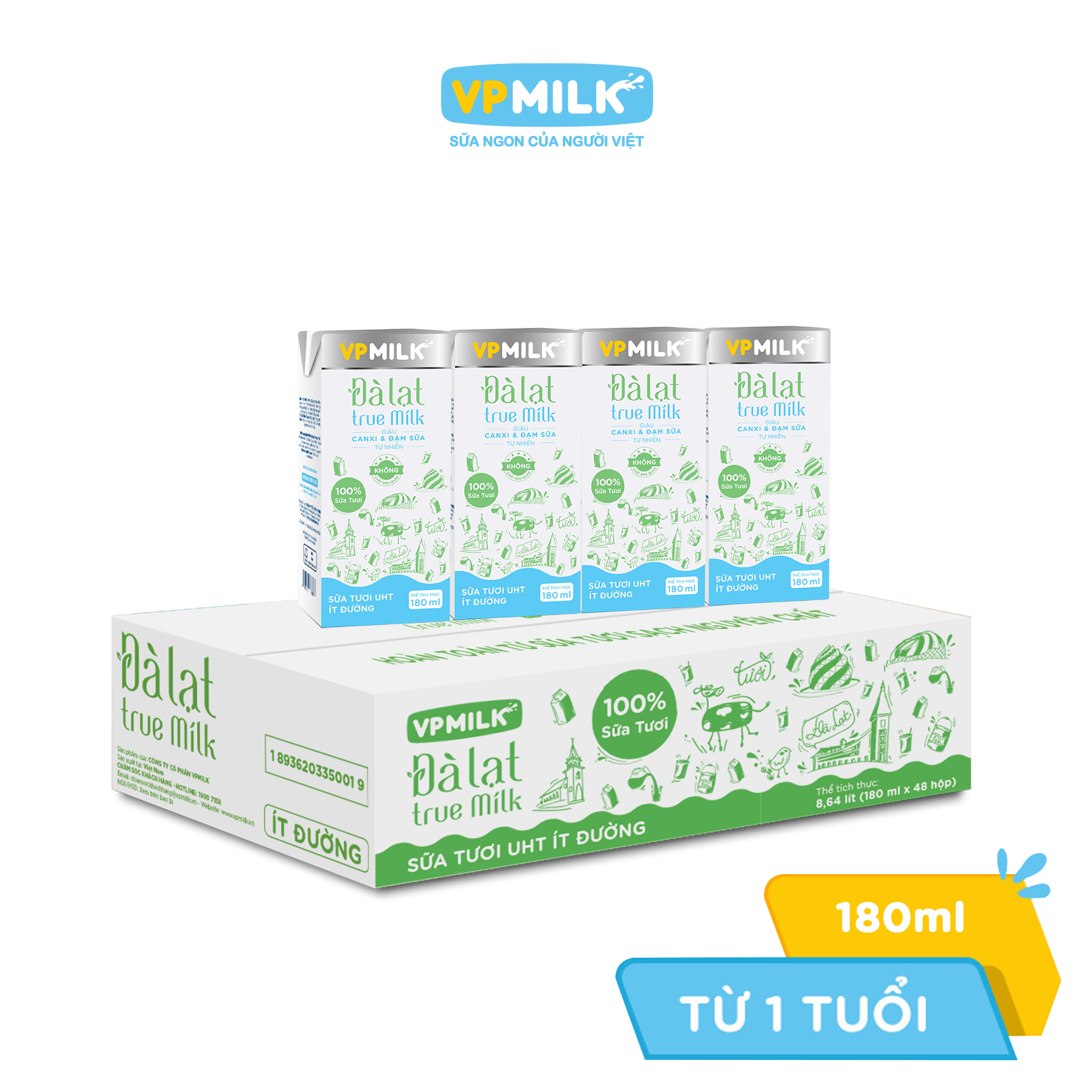 Sữa tươi UHT Đà Lạt True Milk Ít Đường 180ml (Thùng 48 hộp)