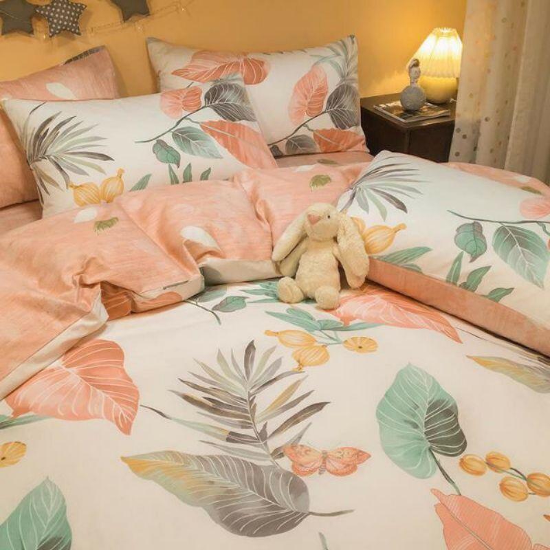 Bộ chăn ga gối cotton fly nhập khẩu mẫu lá hồng