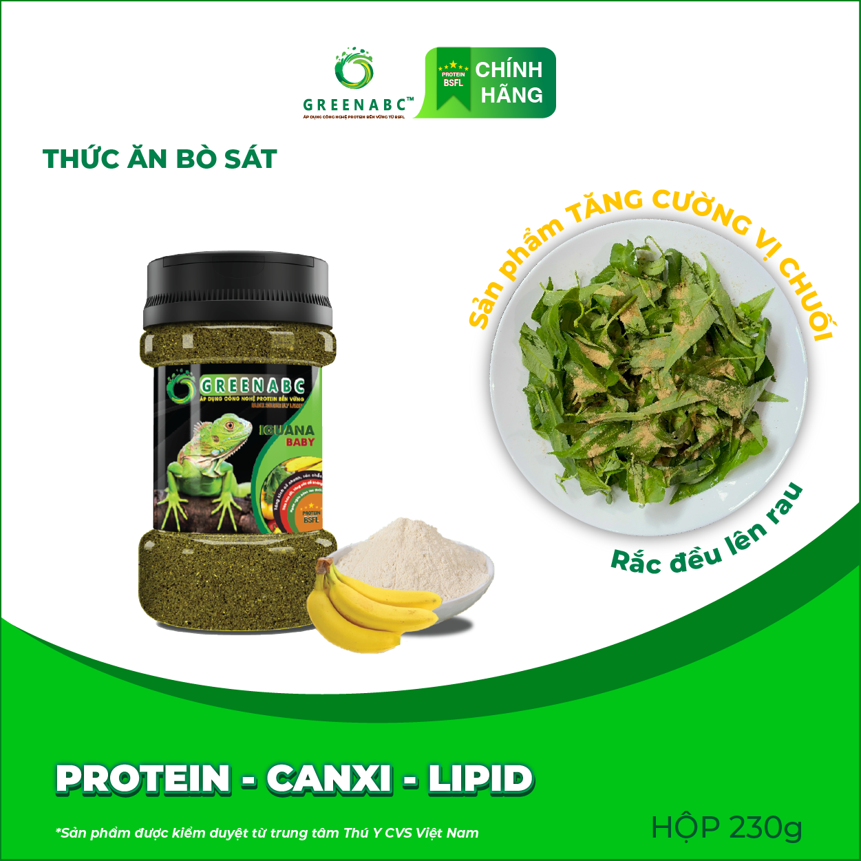 Thức ăn bò sát Iguana Baby GREENABC vị chuối dùng cho Iguana từ mới nở cho đến giúp tăng kích thước, lên màu đẹp, phòng chống MBD, teo đuôi – Hộp 230g
