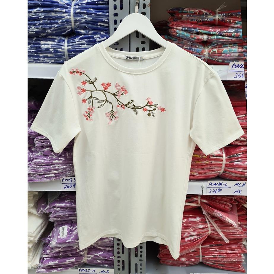ÁO THUN VNXK THÊU CÀNH HOA - COTTON 100% 4C FORM CHÂU ÂU