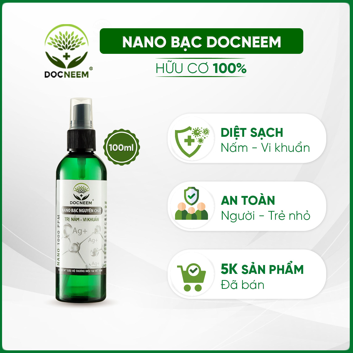 Nano Bạc DOCNEEM nguyên chất Diệt sạch nấm bệnh, vi khuẩn hoa hồng, phong lan chai 100ml