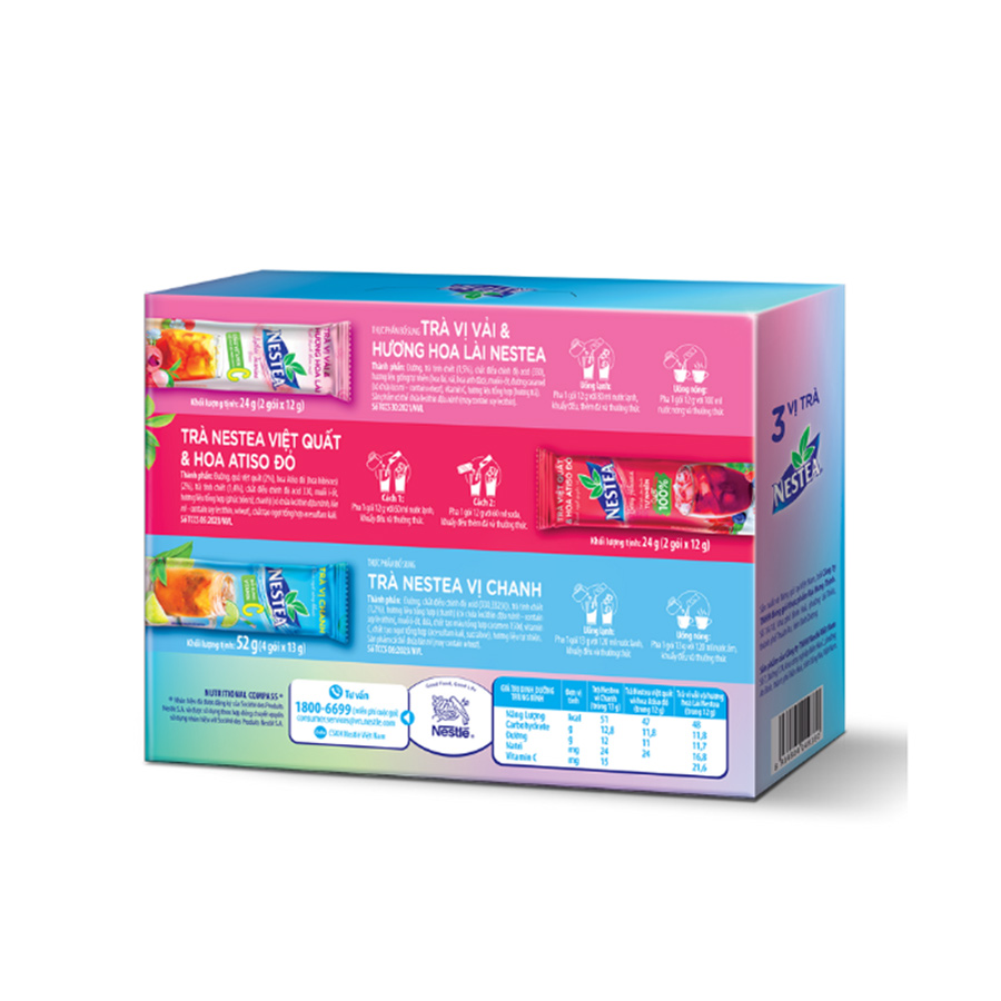 Hộp 3 vị thực phẩm bổ sung NESTEA: Trà vị Chanh + Trà vị Vải và Hương Hoa Lài + Trà Việt Quất và Hoa Atiso Đỏ