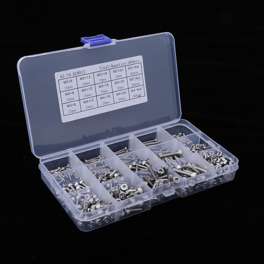 Pack of 480 Hex Screws Nuts Set in 15 Grids Plastic Case Stainless Steel