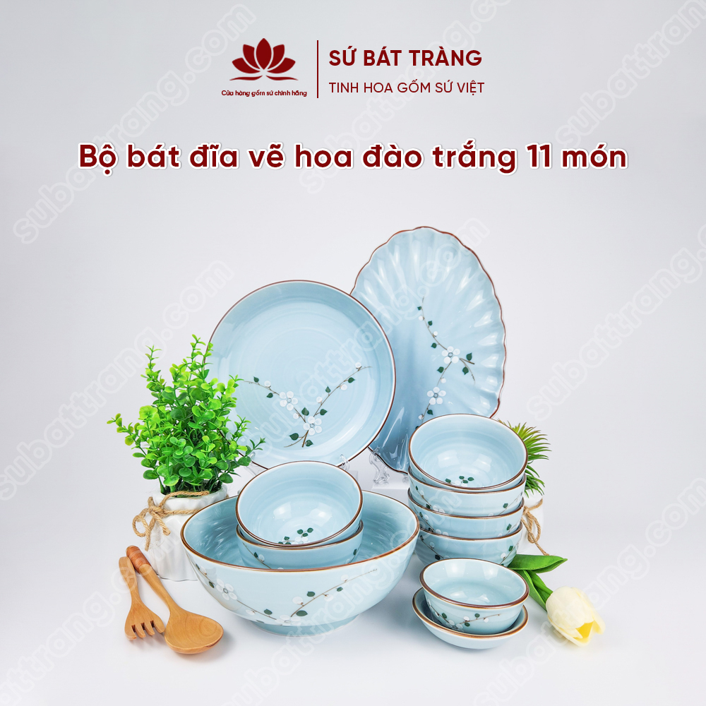 Bộ bát đĩa vẽ hoa đào trắng cao cấp Bát Tràng