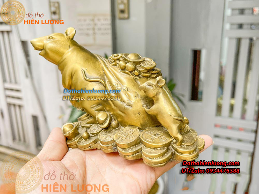 Tượng Chuột Kéo Bao Tài Lộc Bằng Đồng Thau Kích Thước 17x9x12cm, Nặng 0,7kg - Đồ Thờ Hiên Lượng