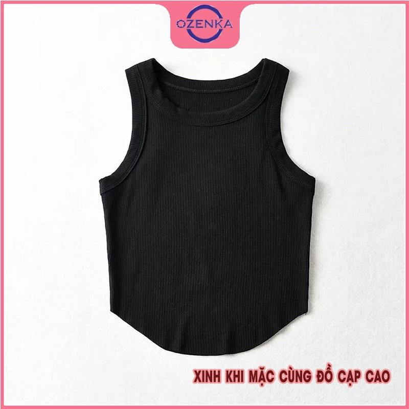 Áo sát nách croptop vạt bầu cổ tròn ôm nữ OZENKA chất len gân đẹp cao cấp đen trắng freesize dưới 50 cân