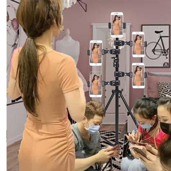 Combo full bộ giá đỡ kẹp 5 điện thoại hỗ trợ livestream nhiều máy cùng lúc chân 2m tăng giảm thoải mái