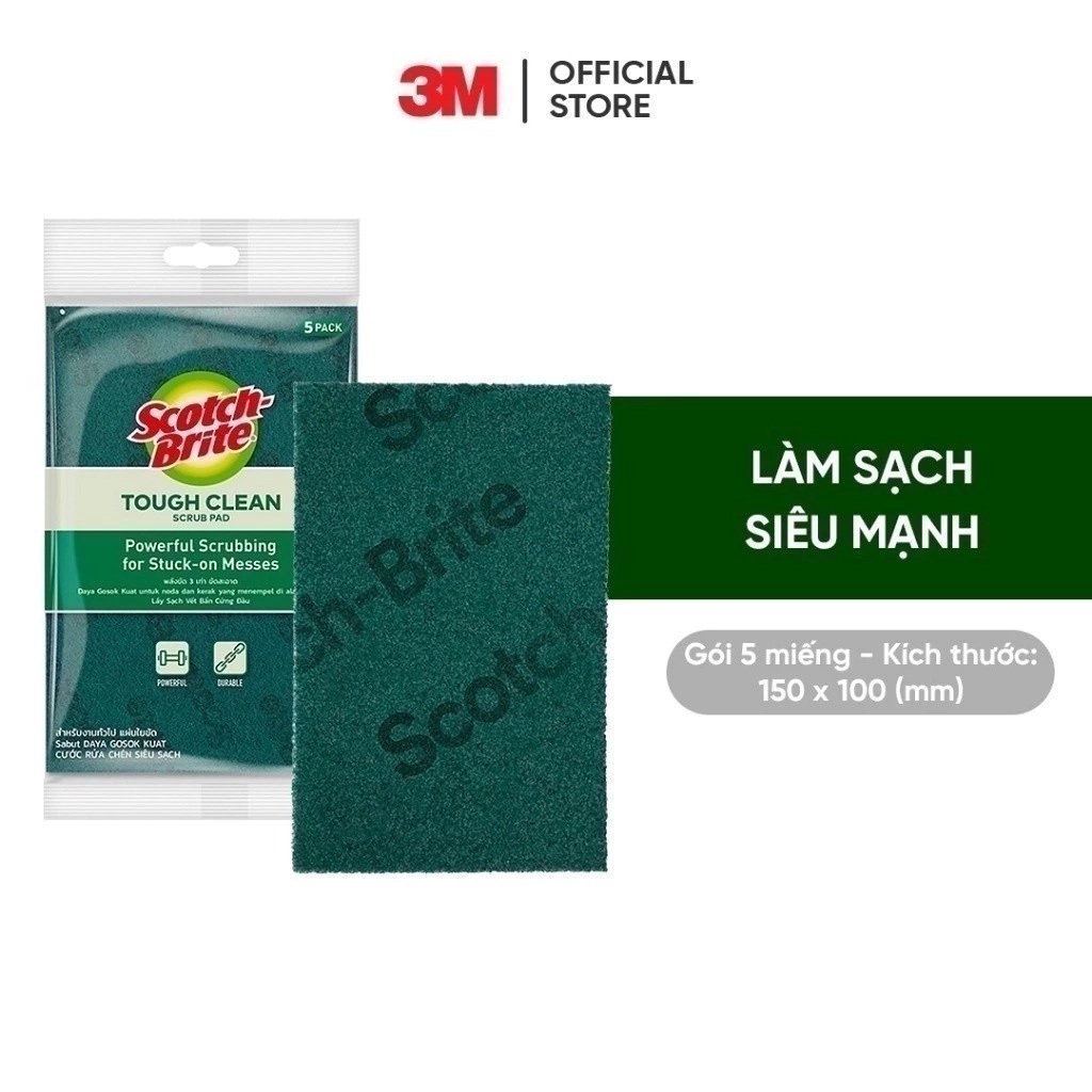 Gói 5 miếng cước rửa chén siêu sạch, sợi cước cao cấp loại lớn 150x100mm Scotch-Brite 3M SB-CRKM-G5 - đa năng, 3 tác động làm sạch, độ bền cao, công nghệ độc quyền