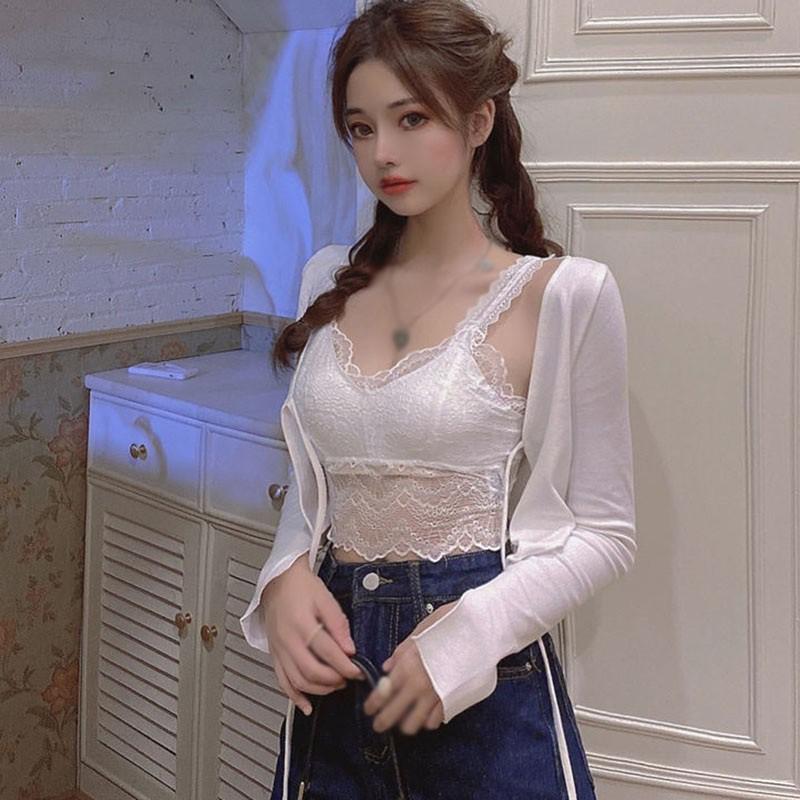 Áo Khoác Cardigan Dệt Kim Phối Ren Xinh Xắn Cho Nữ