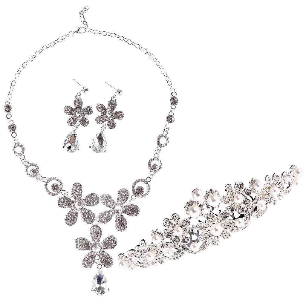 Silver Plated Flower Rhinestone Necklace Earrings Bridal Tiara Jewelry Set