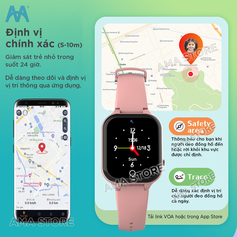 Đồng hồ Thông minh Gọi Video Call gắn Sim Độc lập Ngôn ngữ Tiếng Việt AMA Watch C80 - Hàng nhập khẩu