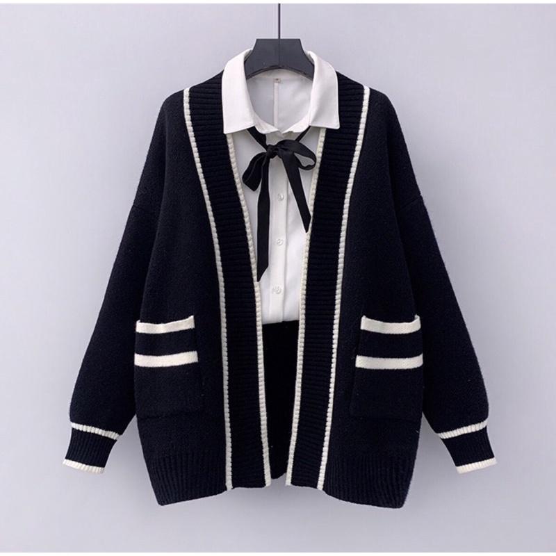 Áo khoác len cardigan nữ viền phối màu 2 túi viền đen trắng 76a11 by germe