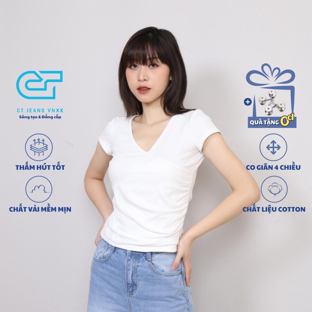 Áo Thun Nữ Cổ Chéo Nhún Eo Thời Trang, Áo Phông Nữ Cổ Tim Rúm Eo CT Women