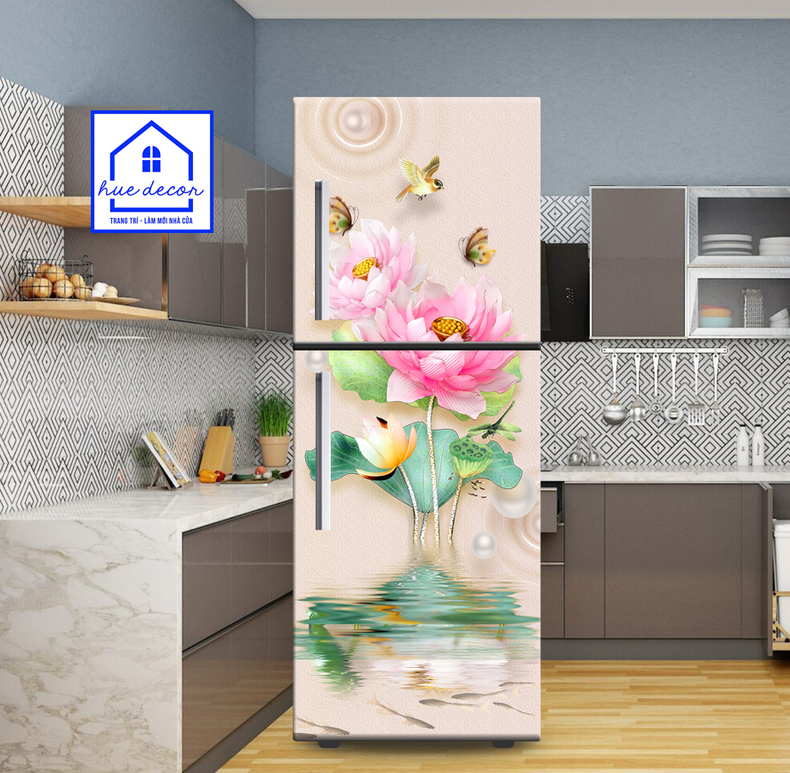 Tranh Dán Trang Trí Tủ Lạnh - Hoa Sen Hồng Hue Decor Chất Lượng Chống Nước Siêu Bền , Giá Tốt, Đổi Trả Miễn Phí