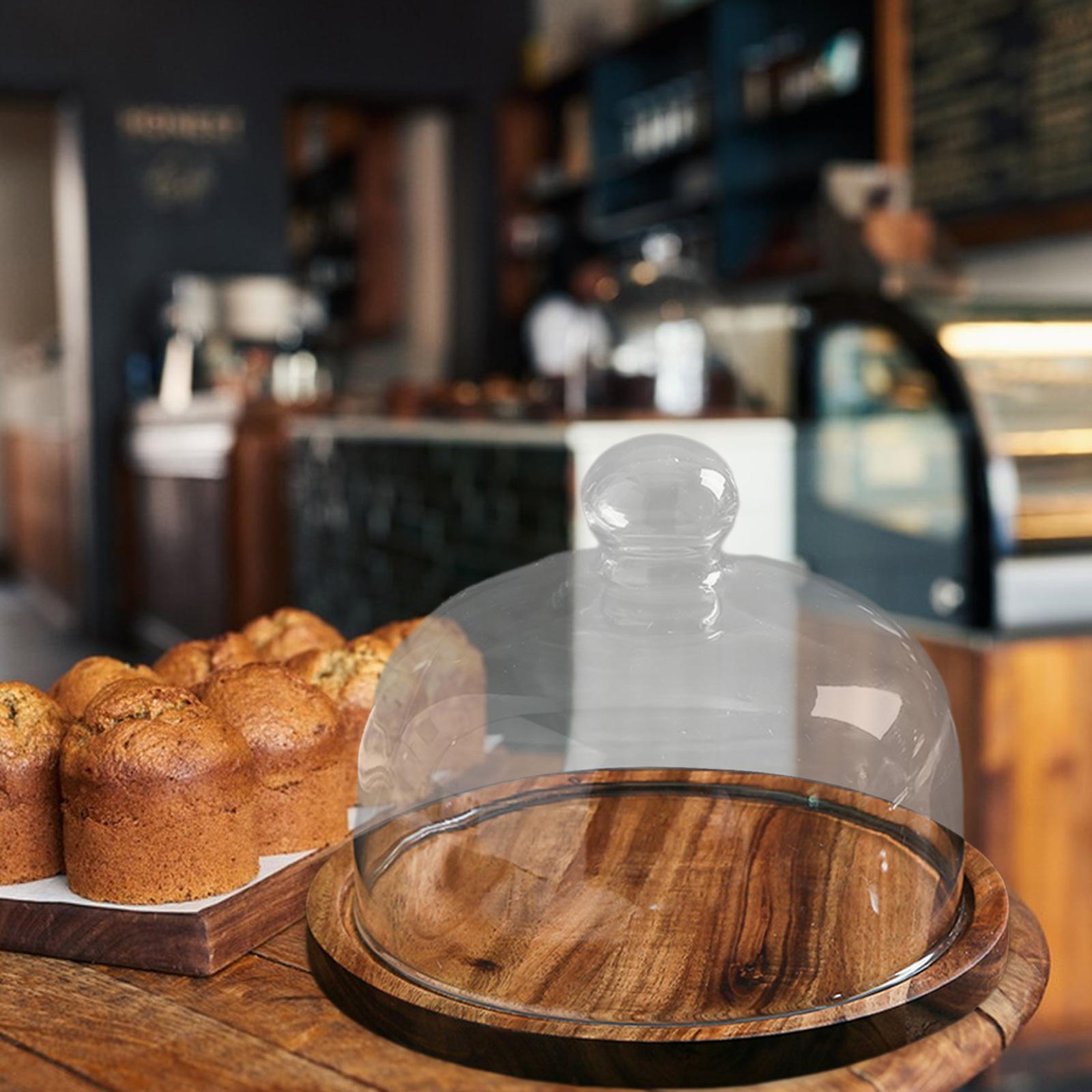 Glass Cover Serving Tray with Glass Cover Wooden Cake Stand for Kitchen