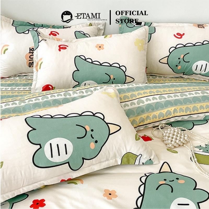 Bộ chăn ga gối đệm cao cấp cotton poly khủng long xanh cute miễn phí bo chun drap giường , ga trải giường P14