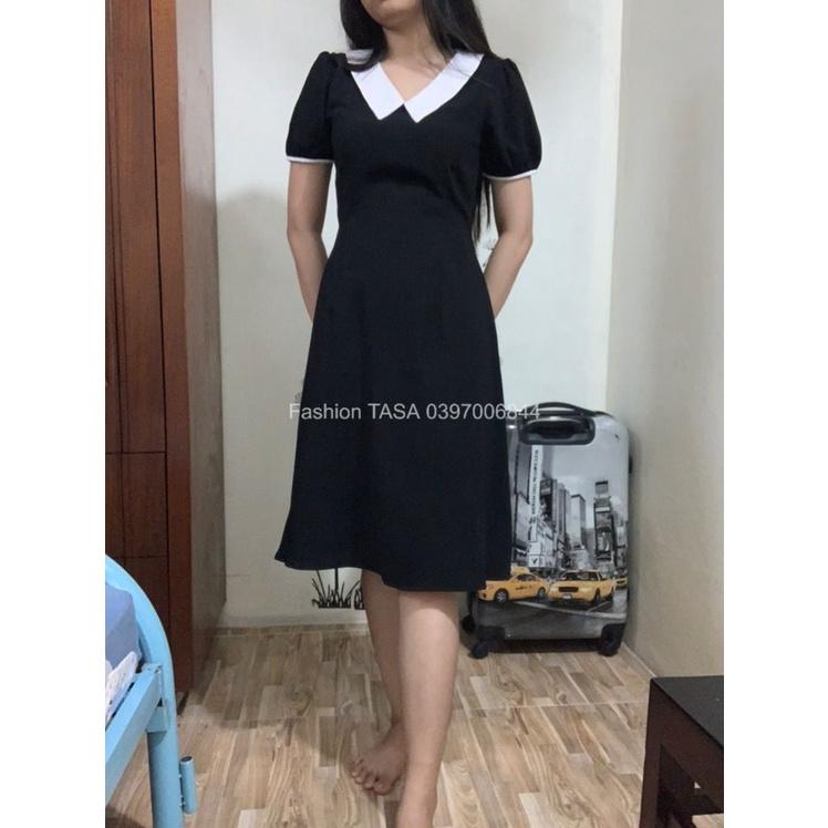 X2 Đầm dáng suông công sở cổ bẻ màu đen cổ trắng form dài thanh lịch (kèm hình thật)