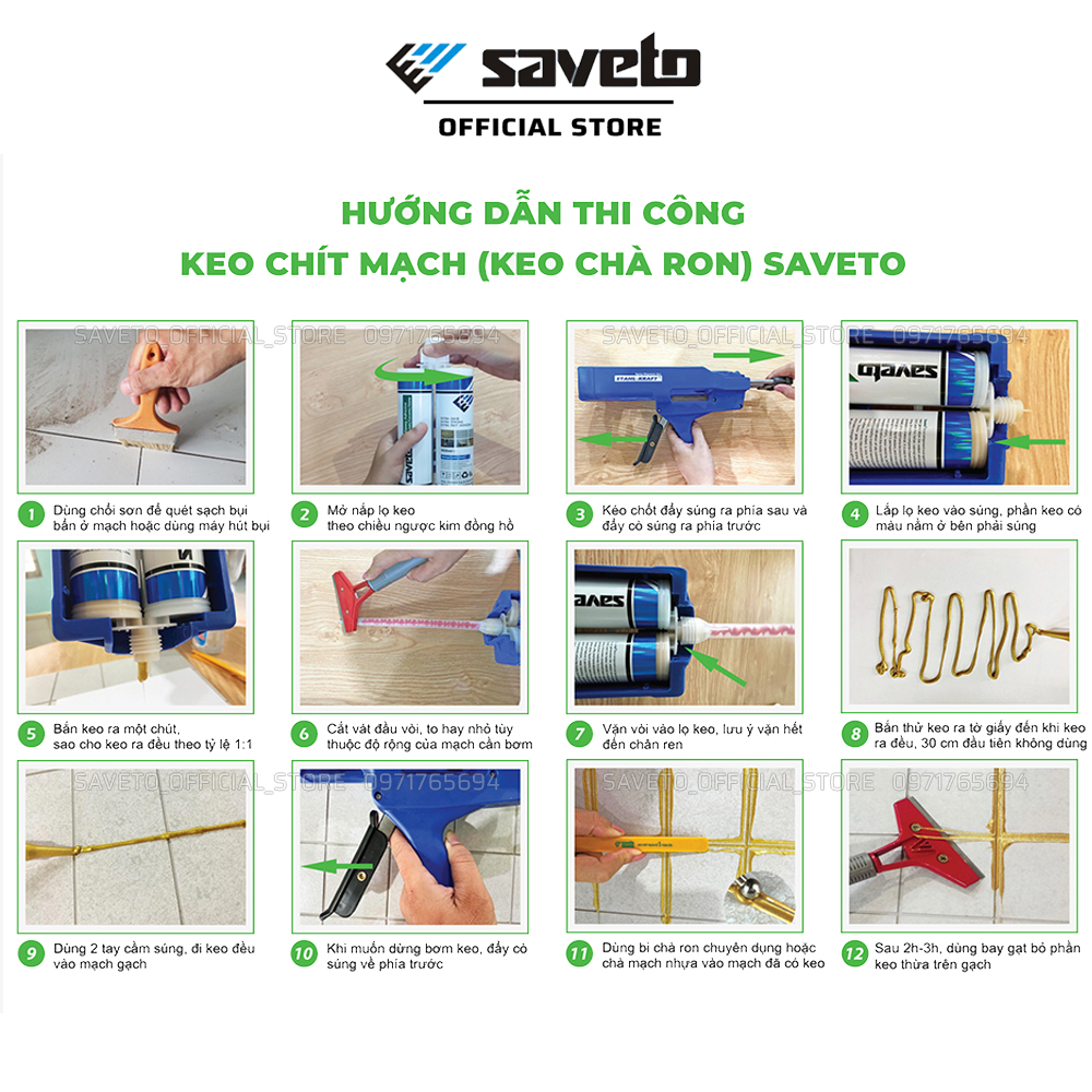 Bộ keo chà ron Saveto 2 thành phần súng trợ lực cao cấp - dùng để thi công keo ron gạch Saveto sàn nhà, nhà tắm, gạch đá ốp lát.