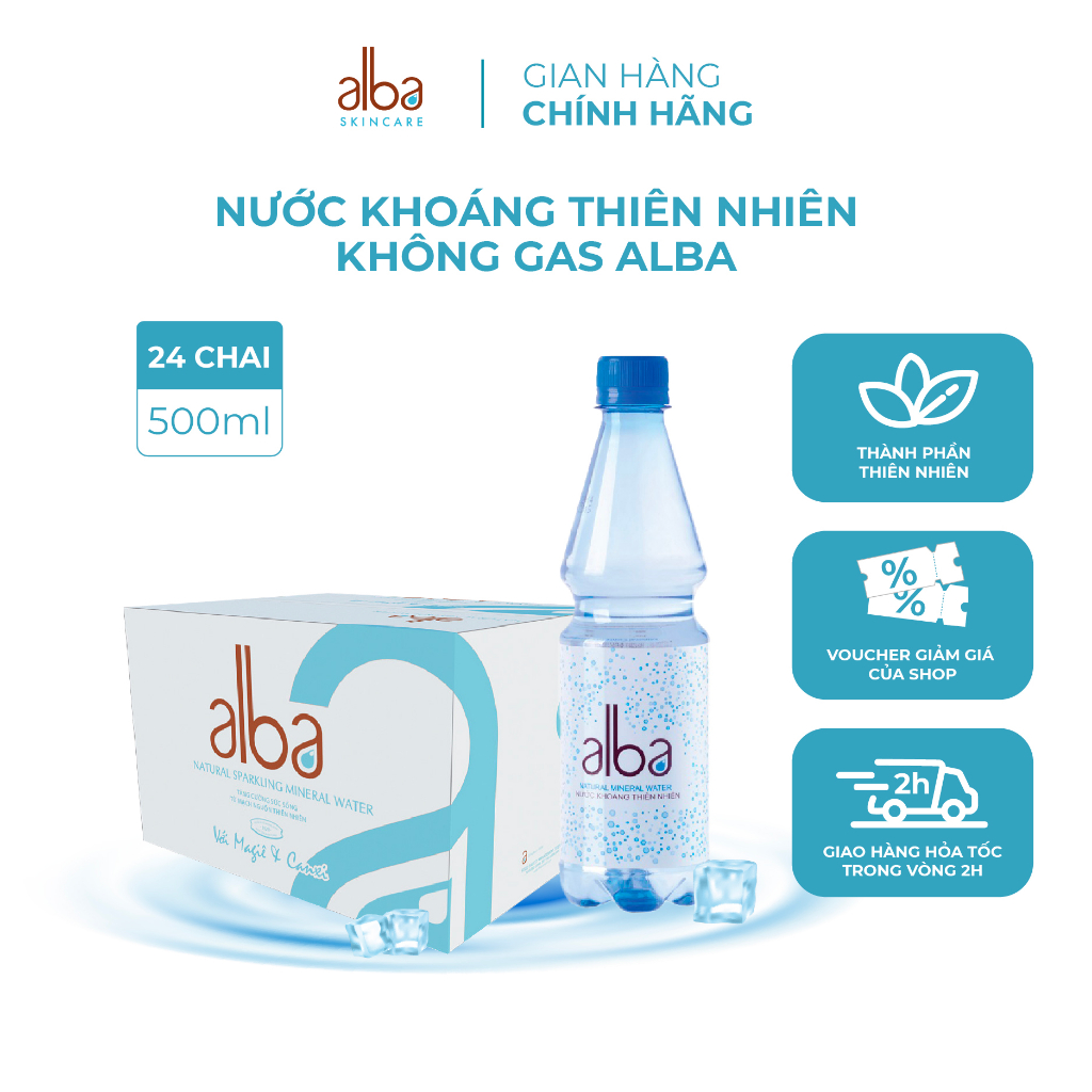 Thùng 24 chai nước khoáng thiên nhiên không ga Alba giàu Canxi Magie chắc khỏe xương điều hòa tim mạch 500ml