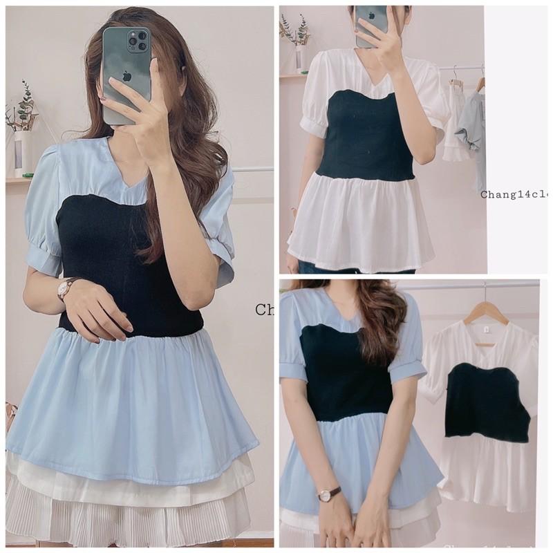 Áo sơ mi cổ v viền bèo ngắn tay