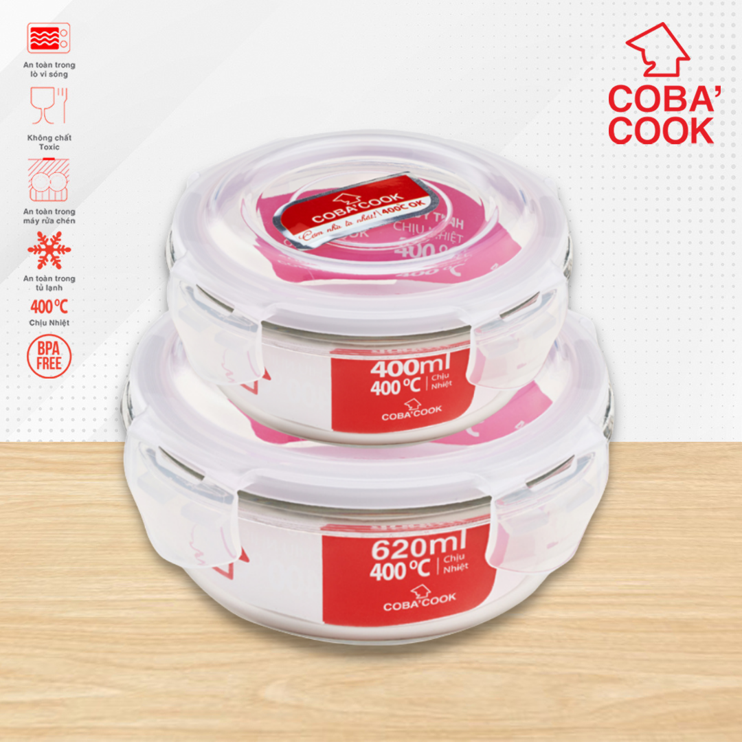 Bộ 2 hộp thủy tinh hình tròn trữ thực phẩm chịu nhiệt 620ml-400ml COBA'COOK-CCR6R42