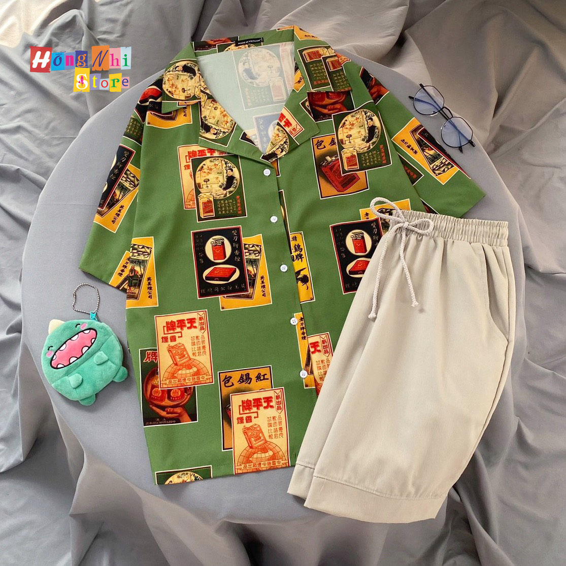 Áo Sơ Mi Hoạ Tiết Tay Lỡ Dáng Rộng, Sơ Mi Tay Lửng Unisex - MM