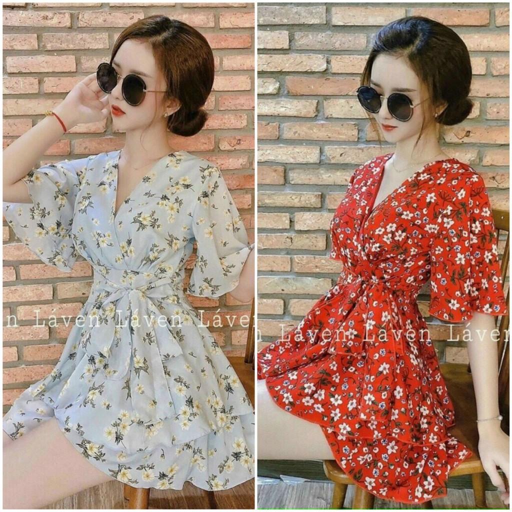 Đầm lụa xoè tầng hoạ tiết hoa cột nơ eo siêu xinh