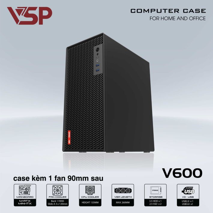 VỎ CASE VĂN PHÒNG V600 - VỎ CASE MÁY TÍNH ( USB 3.0, SPCC 0.8MM, KÈM 1 FAN 9CM )- ĐEN - JL - HÀNG CHÍNH HÃNG