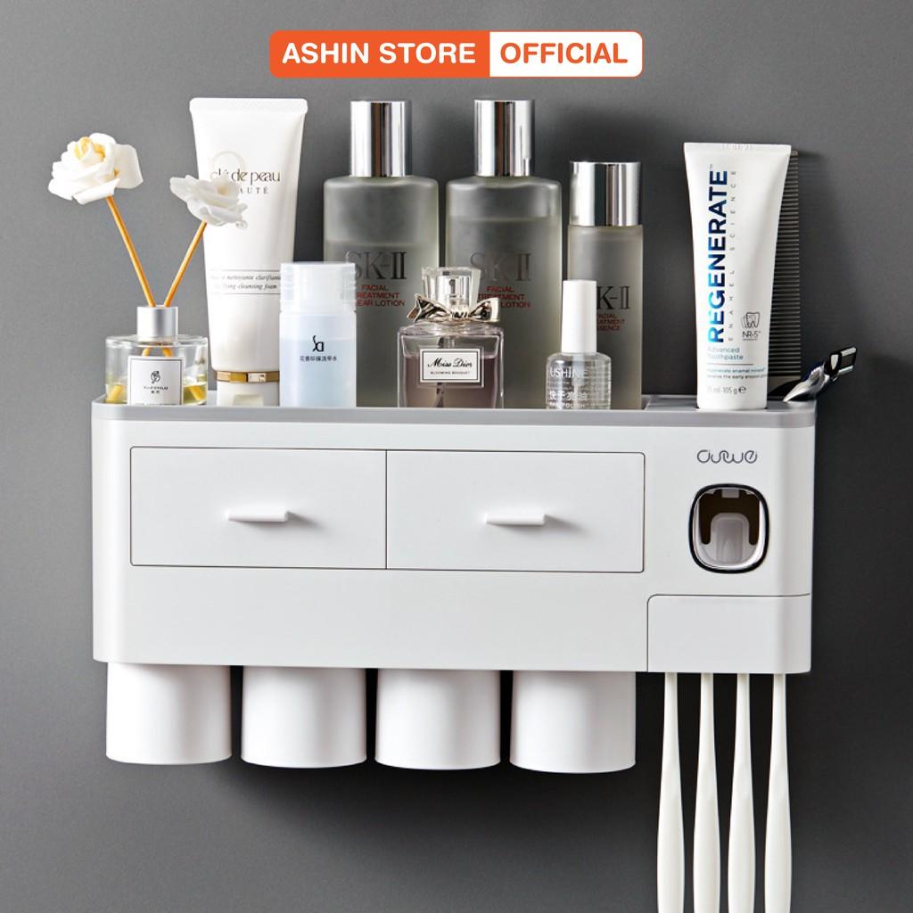 Kệ Phòng Tắm Thông Minh Kèm 4 Cốc Hút Từ Tính Có Nhả Kem Đánh Răng Tự Động Lắp Đặt Dính Tường