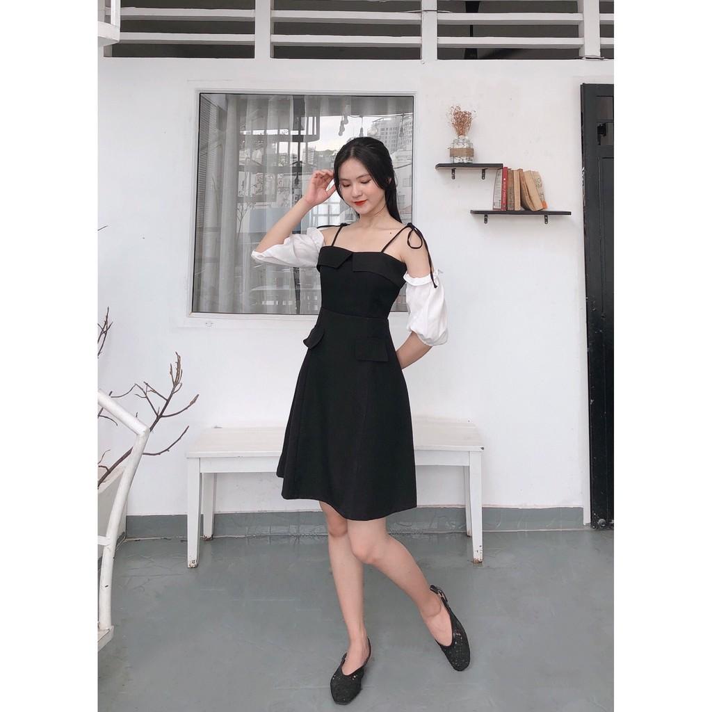 ĐẦM MANGO ĐEN NUDE DỰ TIỆC TRỄ VAI 2 DÂY PHỐI TAY TRẮNG DÁNG XÒE-hình thật shop chụp