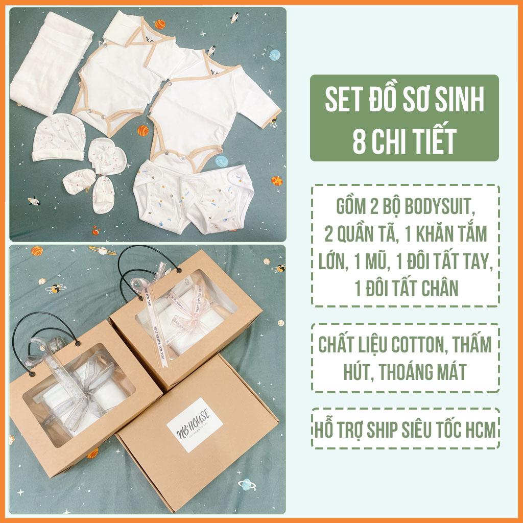 Set quà tặng đồ sơ sinh 8 chi tiết cho bé trai và bé gái