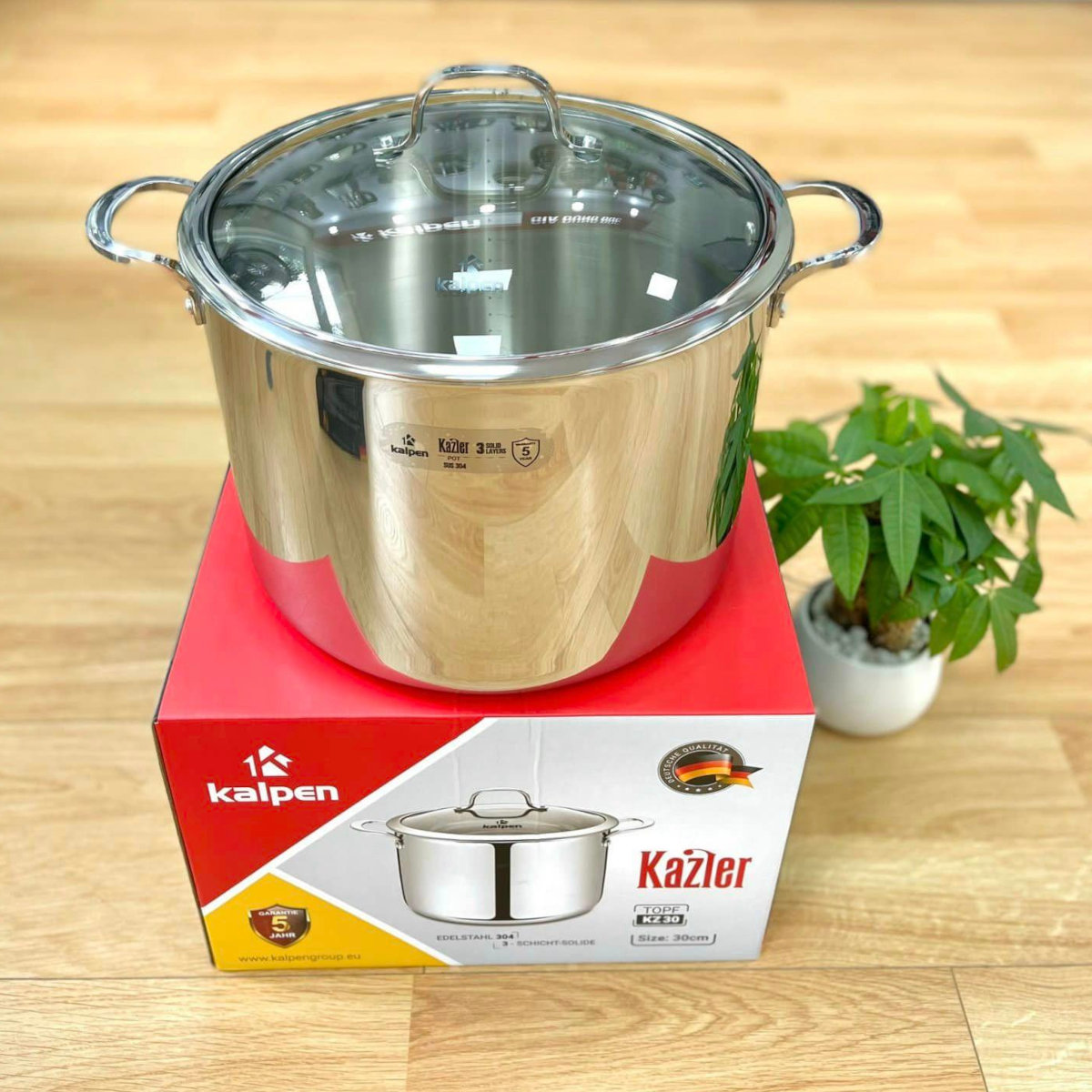 Nồi luộc gà Inox 3 lớp liền khối Kalpen Kazler đường kính 30cm dung tích 14L, đáy từ vung kính, chuẩn Đức - Hàng chính hãng