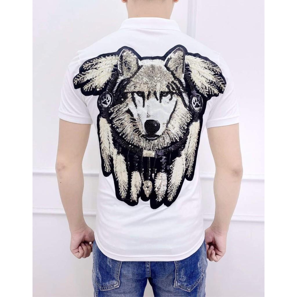 ( ̀  ̂́ ) Áo thun nam, áo phông nam hình chó sói đính hạt kim sa chất Cotton 100