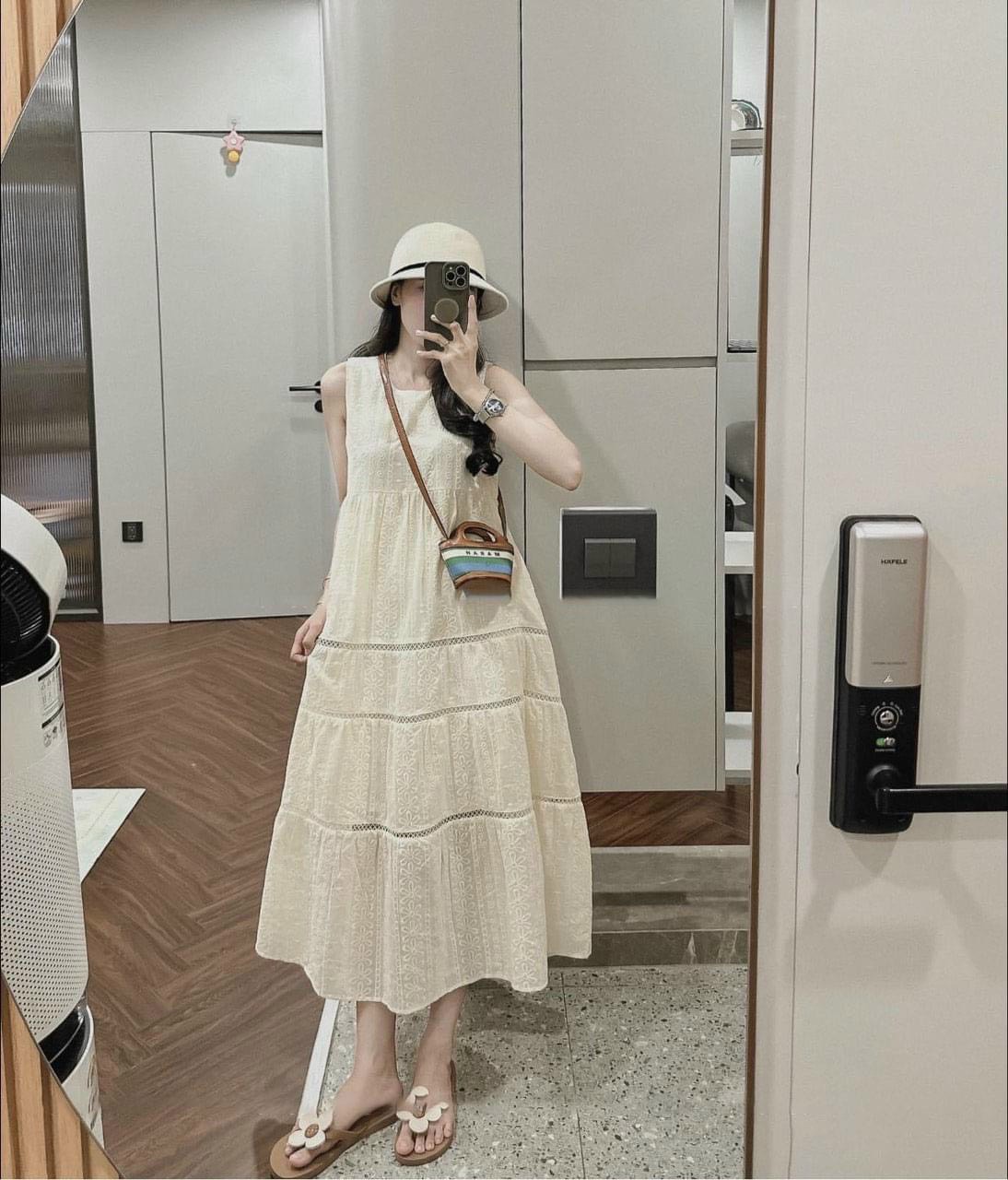 Váy Bầu Sát Nách Mùa Hè Azuno V84 Chất Liệu Cotton Ren May 2 Lớp Cao Cấp
