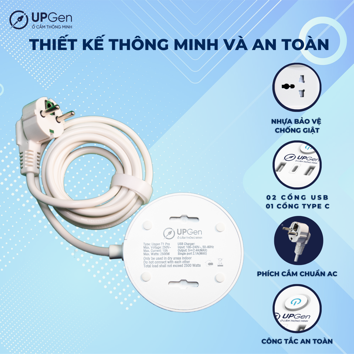 Ô cắm điện đa năng UPGEN T1 PRO có 2 cổng sạc USB 1 cổng TypeC cho điện thoại, 4 ổ cắm chịu tải 2500W, dây điện dài 2.5m, An Toàn, Chống Cháy, Chống Giật, BH 12 tháng