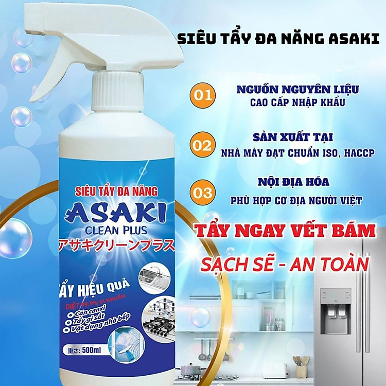 Tẩy Cặn Canxi Nhà Tắm Tẩy Ố Kính Gạch Men ASAKI Nước Tẩy Rửa Đa Năng Siêu Tẩy Dầu Mỡ 500ml