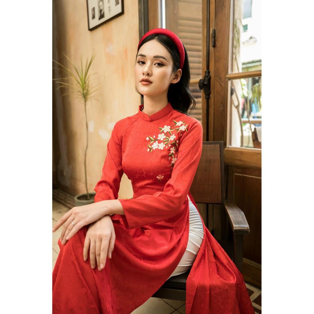Lụa mango Áo dài cách tân cực xinh Áo dài thêu hoa đính hạt tỉ mỉ