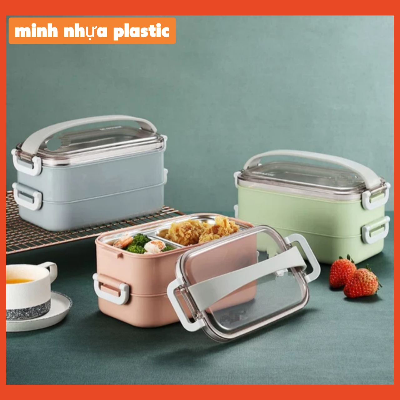 Bộ Hộp Cơm Giữ Nhiệt 2 Lớp 2 Tầng 2 Ngăn INOX304 Thiết Kế Hiện Đại -tặng bộ chổi vệ sinh mini