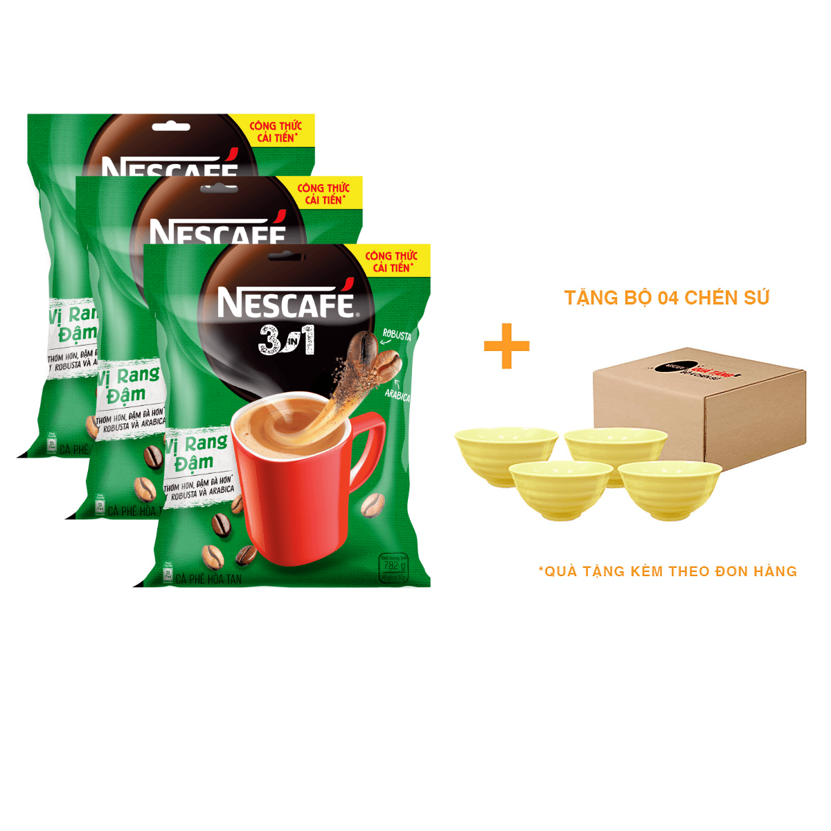 Combo 3 bịch NESCAFÉ 3IN1 Công thức cải tiến - Vị rang đậm - Túi 46 gói (17g) - [Tặng bộ 4 chén sứ Nescafé]