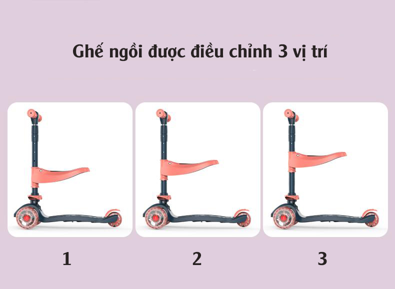 Xe scooter 3 bánh tự cân bằng, 3in1 có ghế gấp gọn, xe chòi chân thăng bằng , xe trượt 3 bánh có nhạc và đèn chiếu sáng (đỏ))