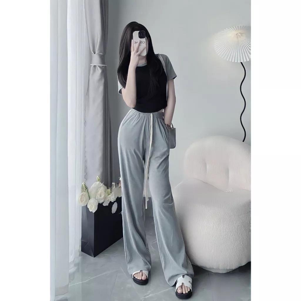 Bộ Áo Thun Ôm Tay Phối Màu Kèm Quần Ống Rộng Dây Rút Vải Cotton