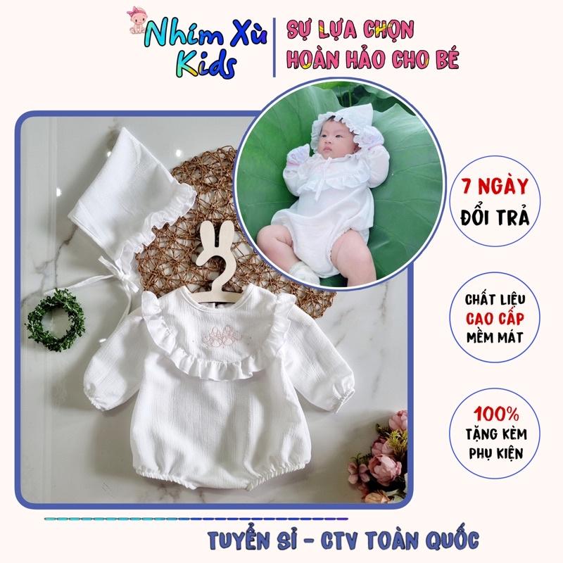Body Trắng Cổ Thêu Cho Bé Gái 3 Đến 12kg, Bodysuit Bé Gái Kèm Nón Và Giày Chất Đũi Xốp