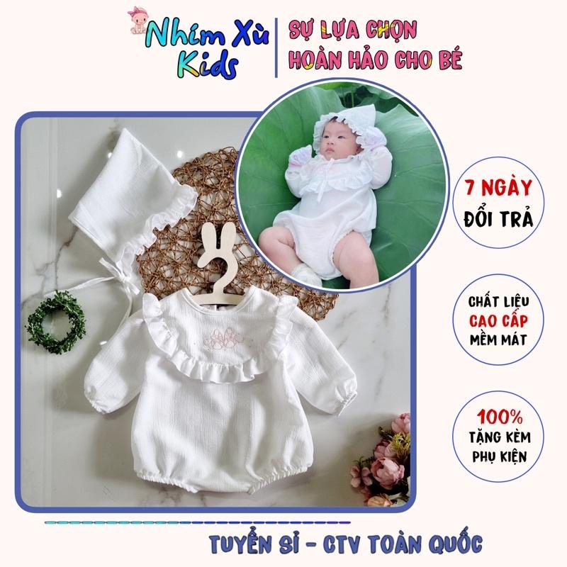 Body Trắng Cổ Thêu Cho Bé Gái 3 Đến 12kg, Bodysuit Bé Gái Kèm Nón Và Giày Chất Đũi Xốp [A437